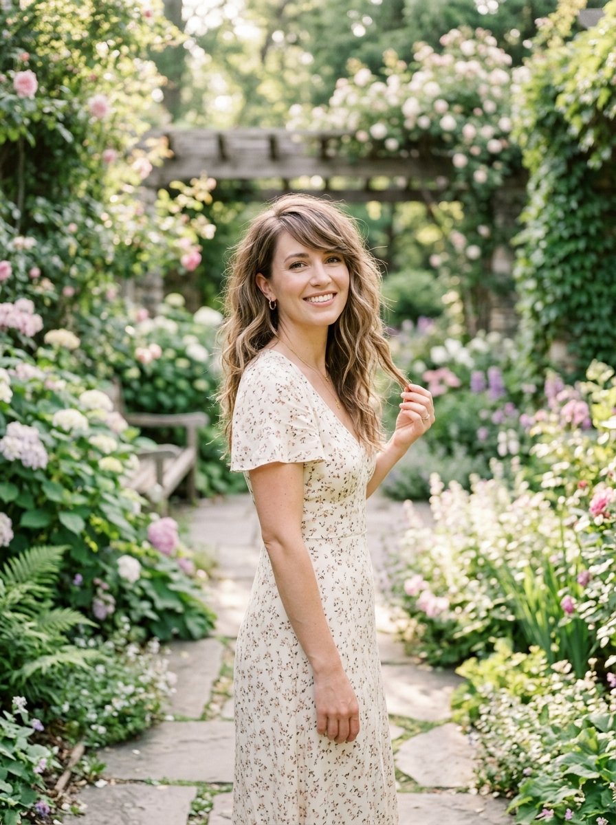 Woman with wavy hair in a cream floral dress poses in a lush garden pathway surrounded by hydrangeas and roses.