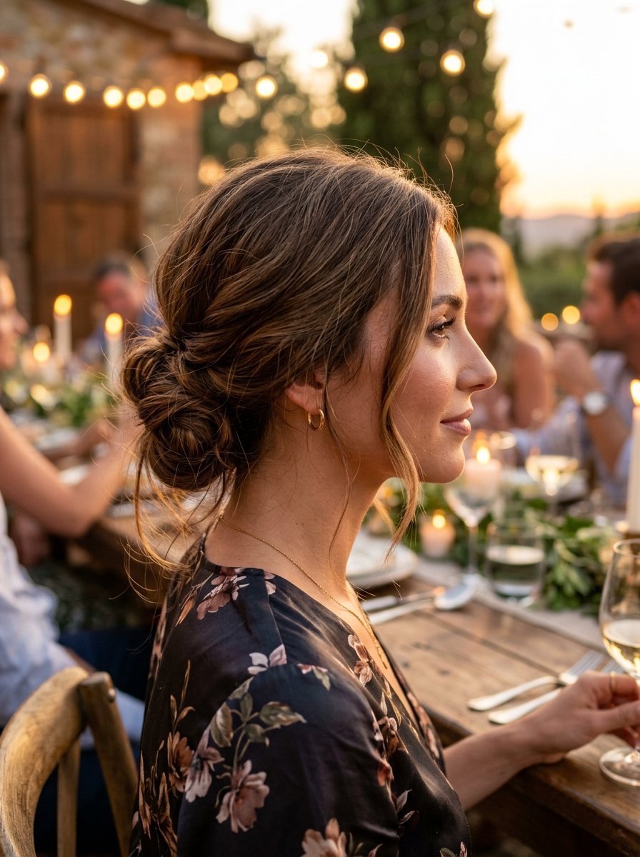 Profile view of a woman wearing a floral dress at a candlelit evening table with friends.