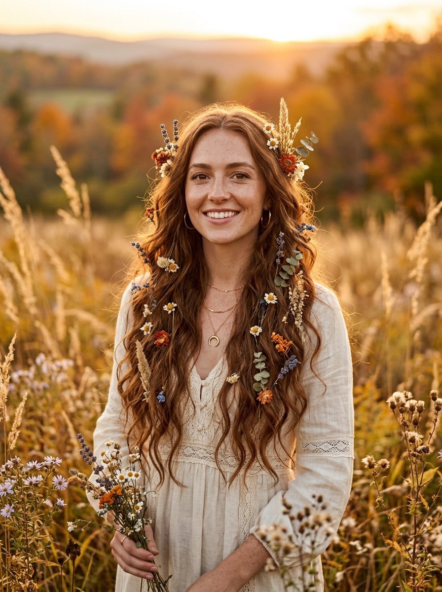 Portrait of a smiling woman with wavy red hair decorated with dried flowers, standing in a golden sunset meadow.
