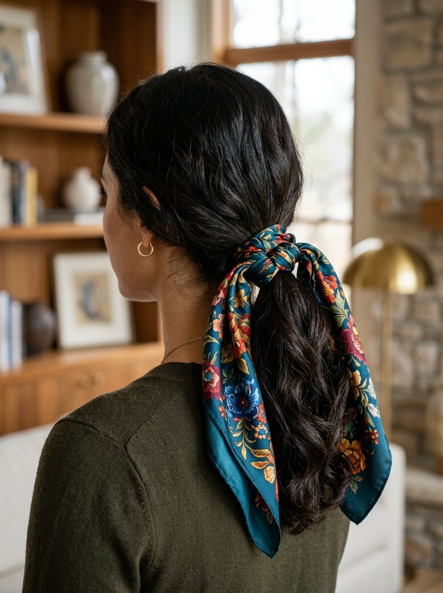 A woman with dark hair tied back in a ponytail with a patterned teal and orange silk scarf.