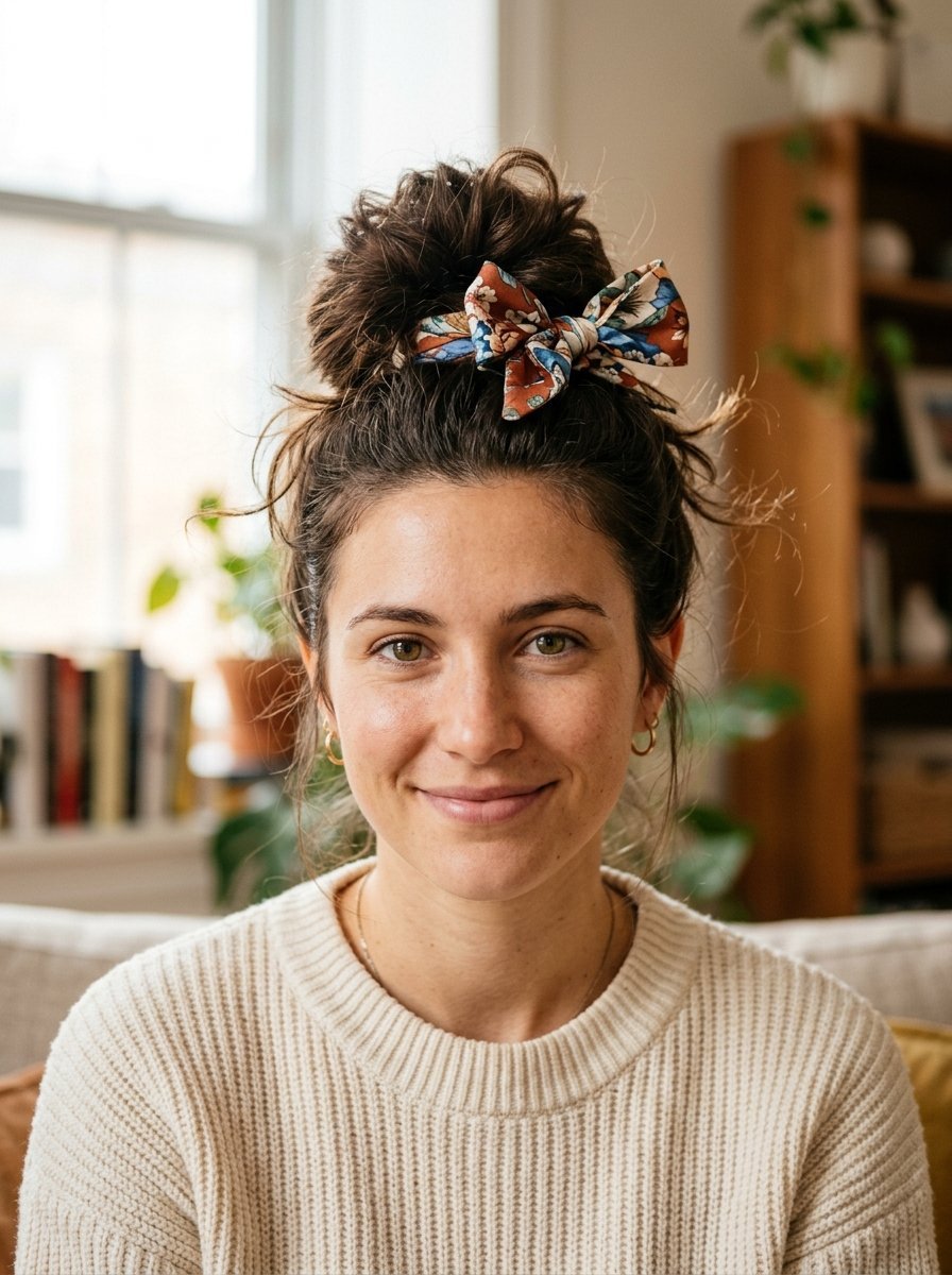 Close-up portrait of a smiling woman wearing a decorative floral hair tie in her messy updo hairstyle.