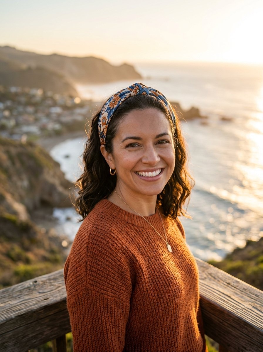 Portrait of a woman wearing a blue floral headband and orange knit sweater against a golden hour coastal background.