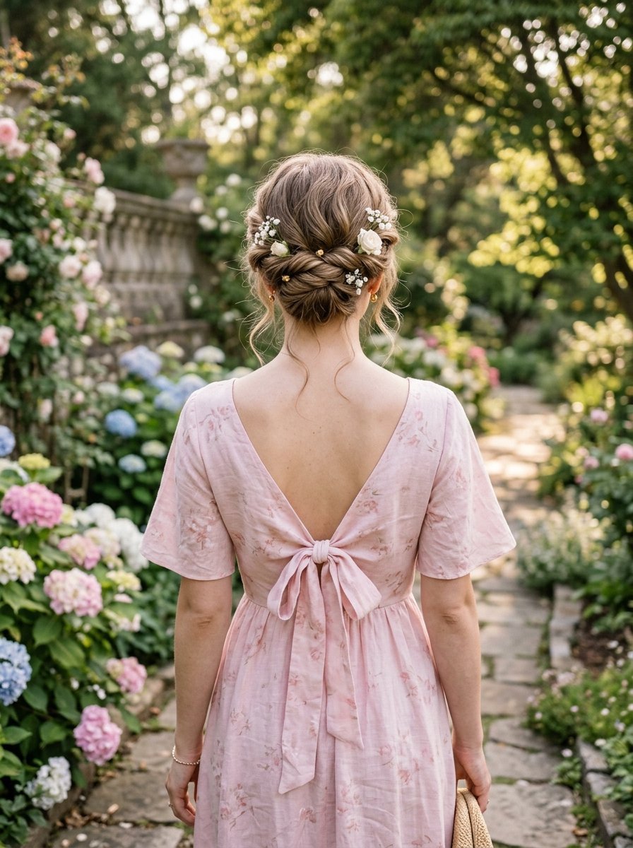 Back view of a woman with braided hair and flowers walking down a blooming stone garden path in a pink dress.