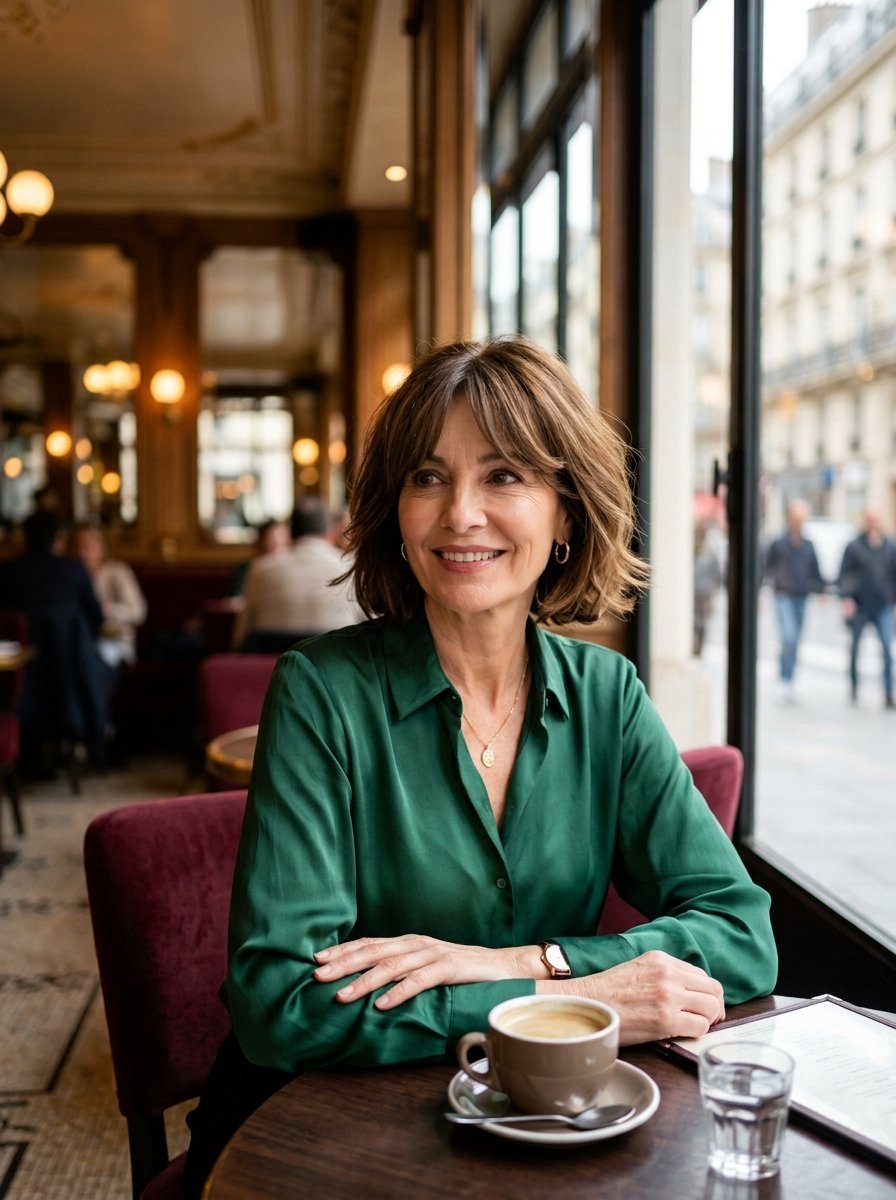 A smiling woman with shoulder length brown hair wearing a green silk shirt sitting at a wooden cafe table.