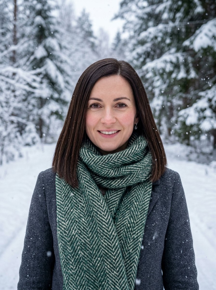 Close up portrait of a woman in a grey coat and green patterned scarf standing in a snowy forest.