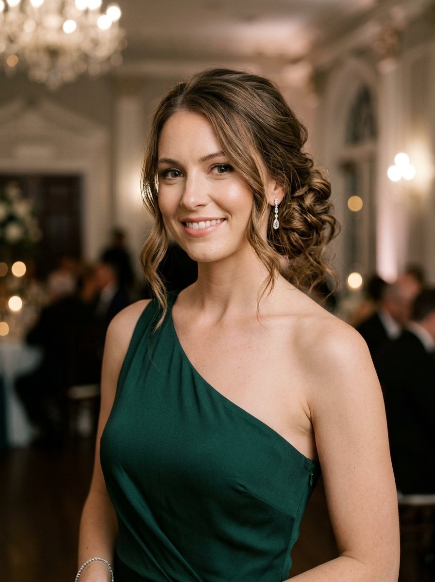 Smiling woman with brunette hair styled in an updo wearing a green one-shoulder dress and crystal drop earrings.
