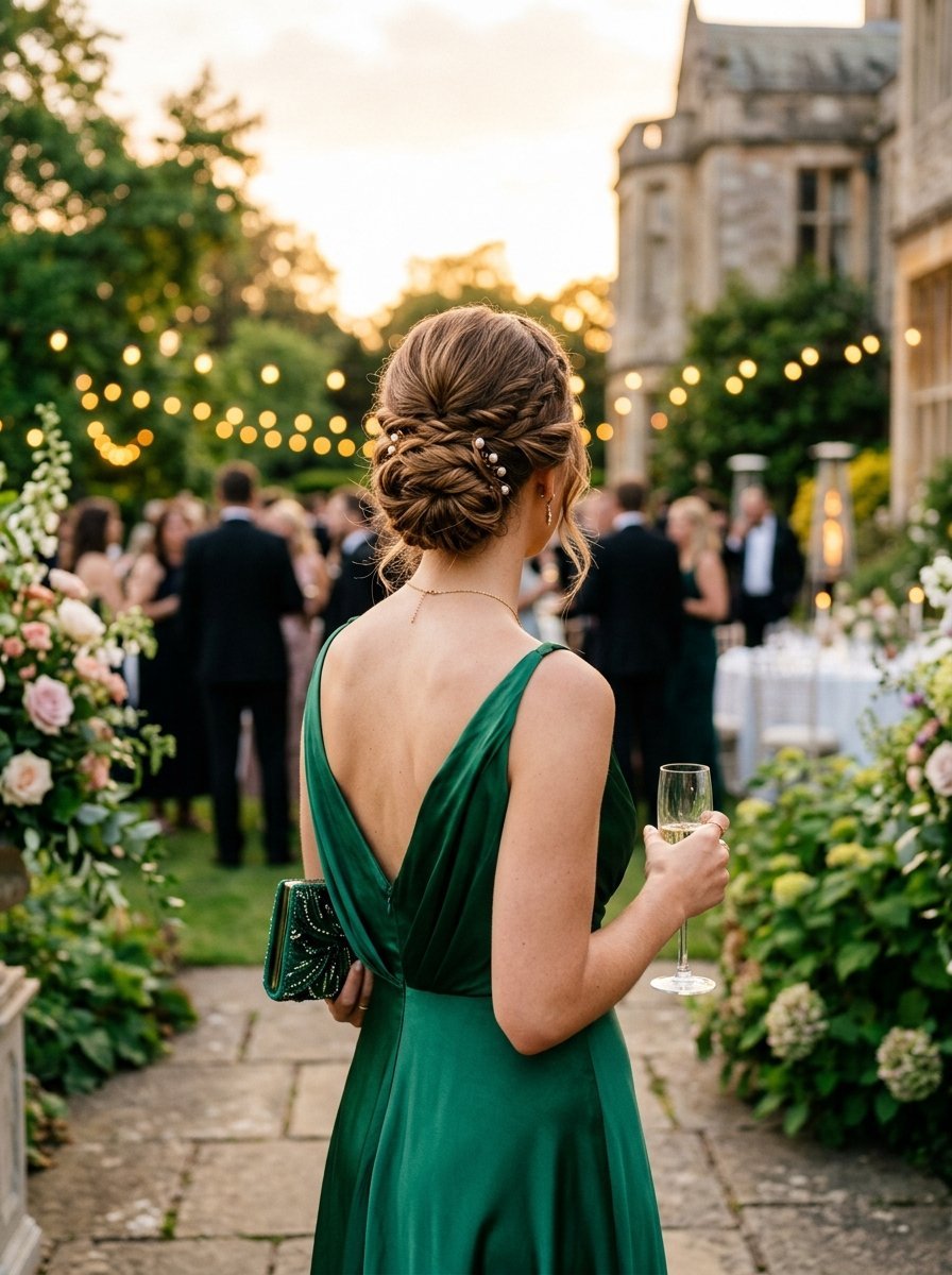 A woman with braided hair wearing a green silk dress, holding a champagne flute at a garden party reception.