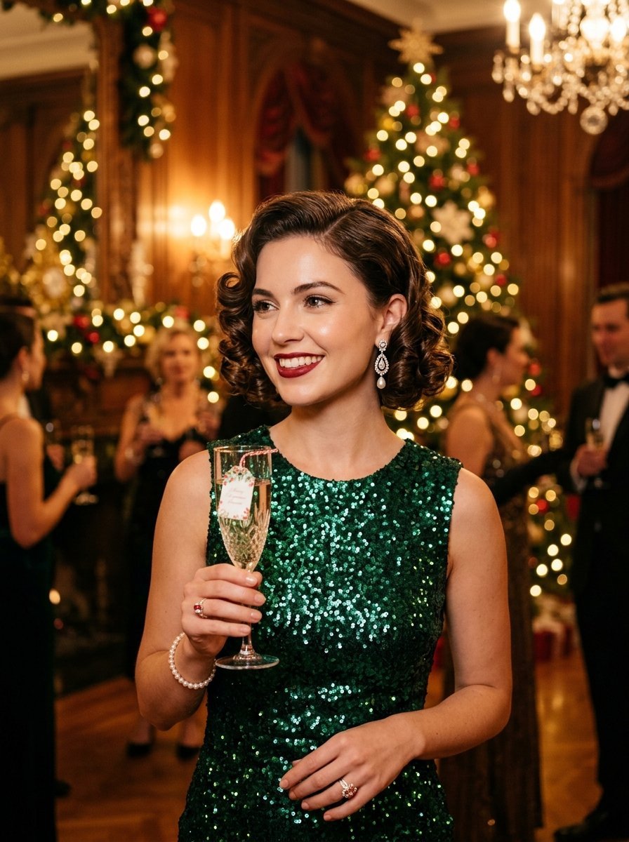 A woman with styled dark hair wears a sequined emerald dress and holds a drink at a festive party with Christmas trees.