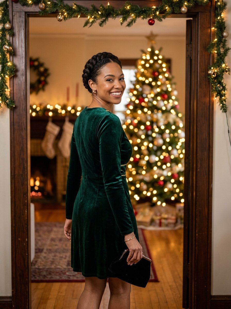 Smiling woman with a braided hairstyle wearing a green velvet long-sleeved dress in a festive living room.