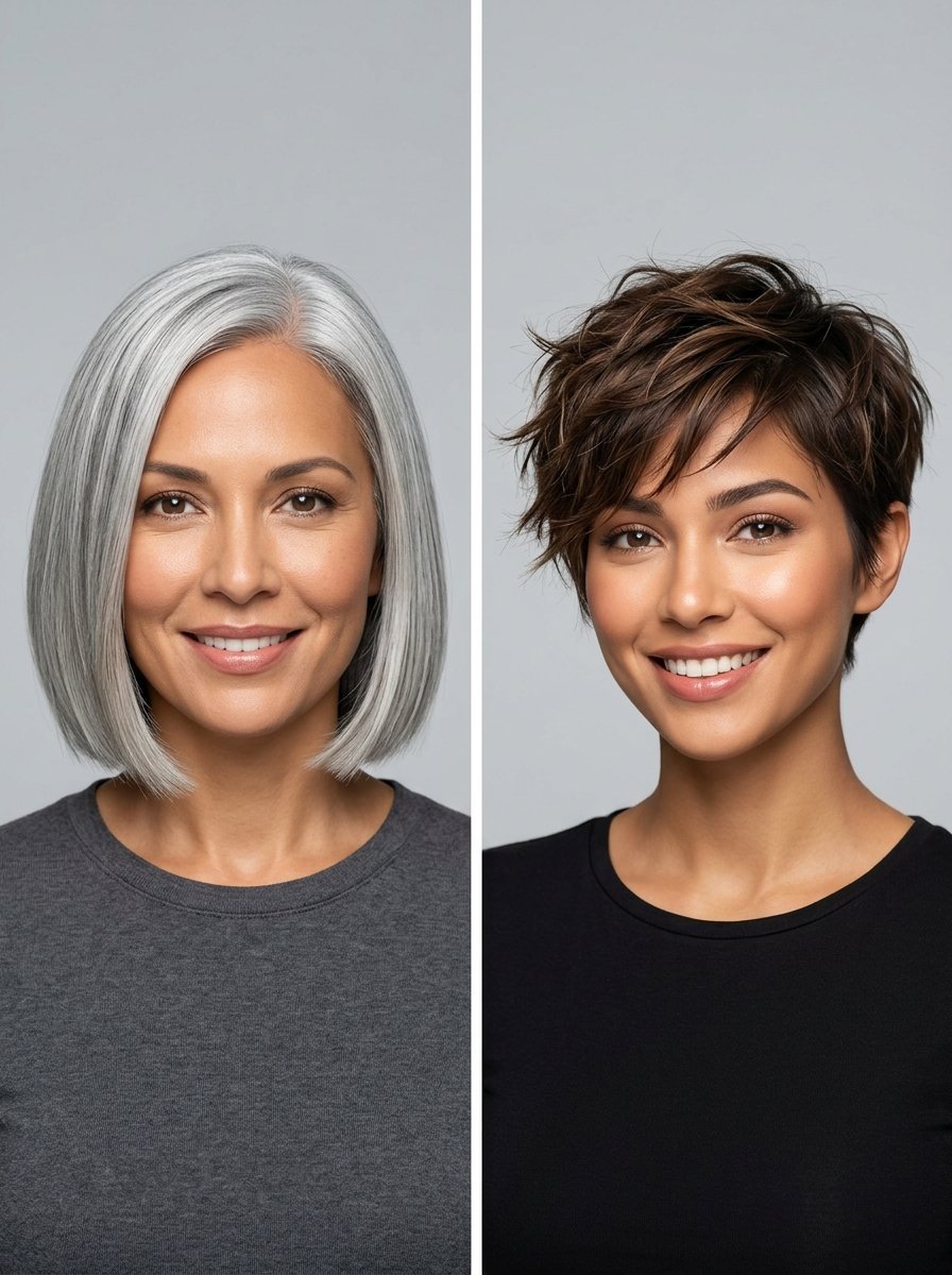 Split screen portrait showing the same woman with a sleek silver bob on the left and a tousled dark brown pixie cut.