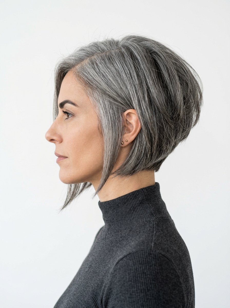A side profile of a woman with short silver hair wearing a charcoal grey turtleneck sweater against a white background.