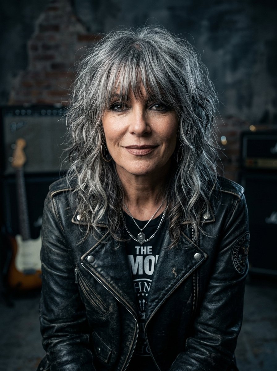 Close up portrait of a woman with long layered grey hair wearing a distressed black leather motorcycle jacket.