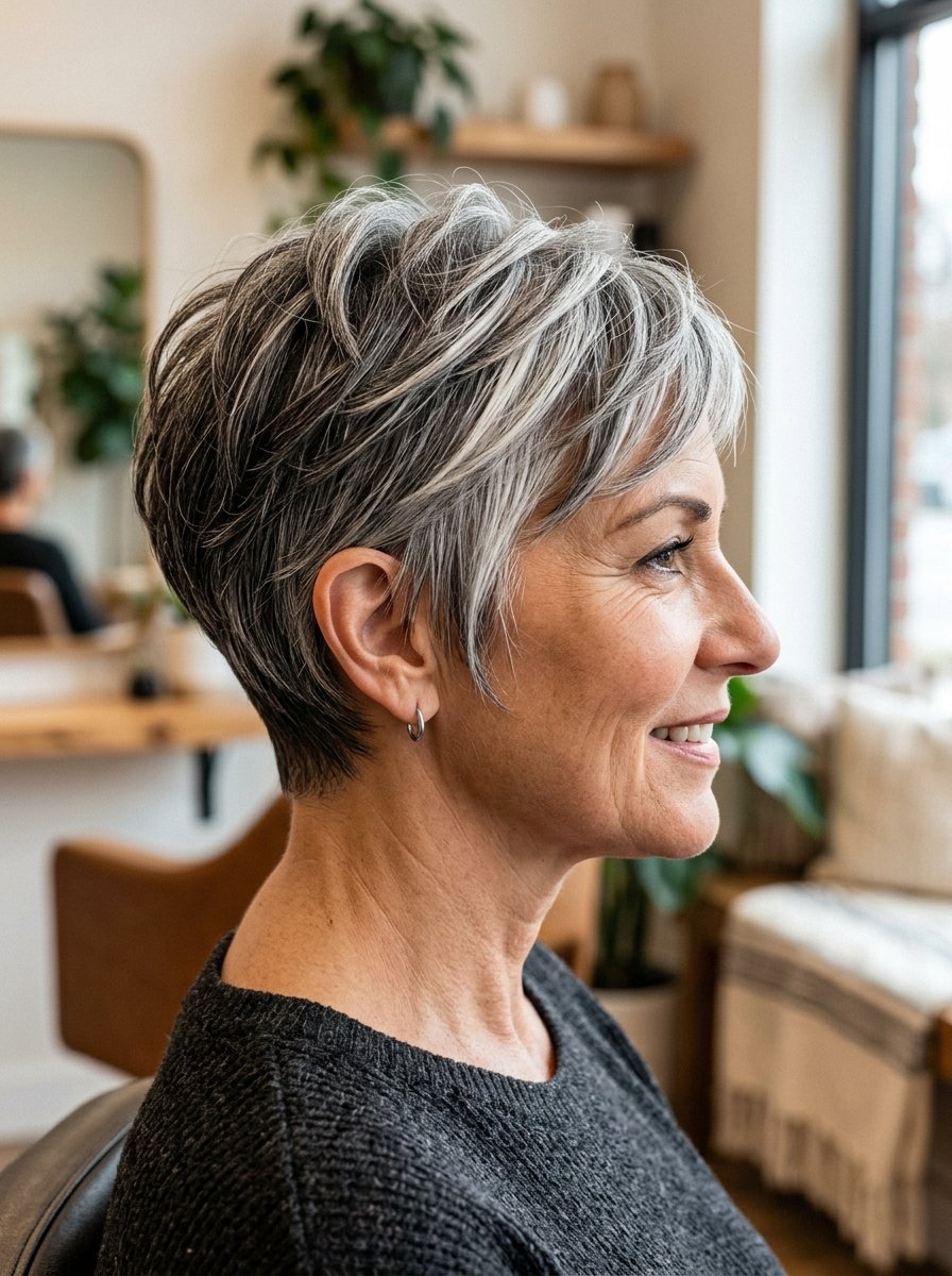 Side profile of a mature woman with a layered, highlighted grey short hairstyle in a salon setting.