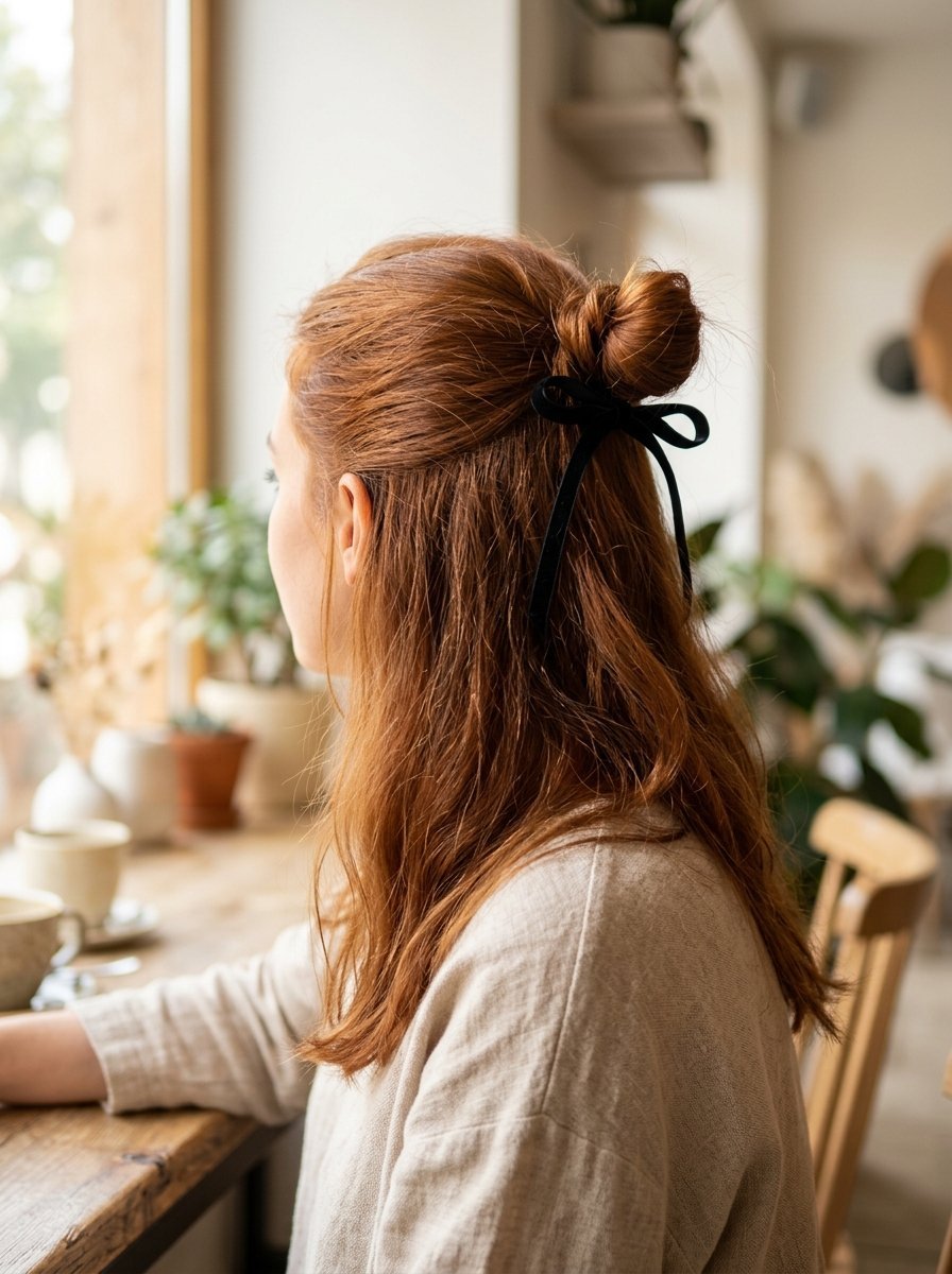 Profile view of a woman with red hair wearing a small black velvet bow in her half-up messy bun.
