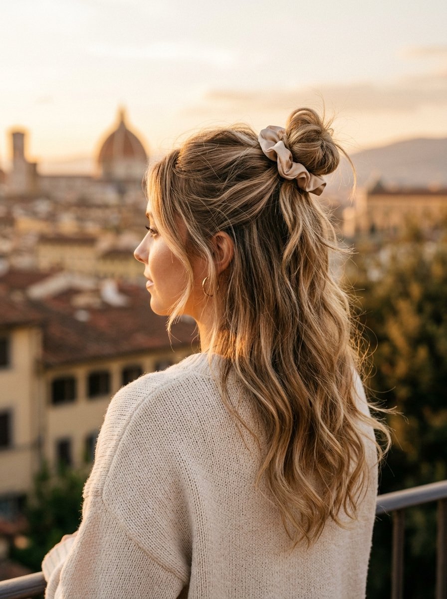 Blonde woman with a beige scrunchie in her hair looking out over the Duomo skyline in Italy.