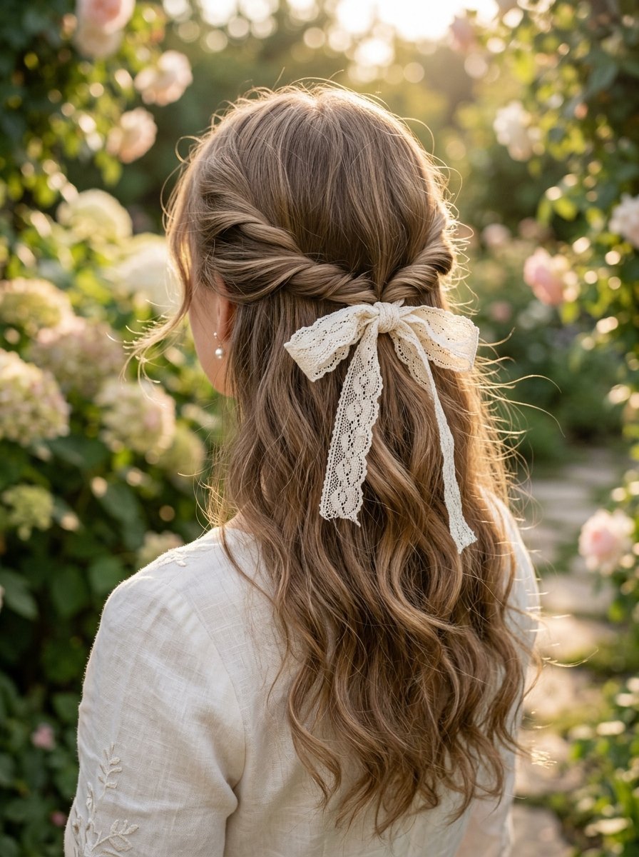 Back view of a woman with long wavy brown hair styled half-up with a decorative vintage lace bow in a garden.