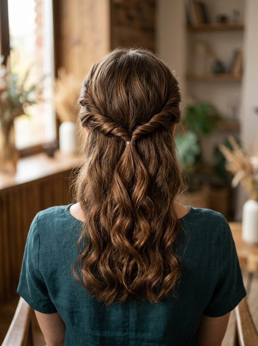 Back view of a woman with long wavy brown hair styled in a half-up twist secured with a simple band.