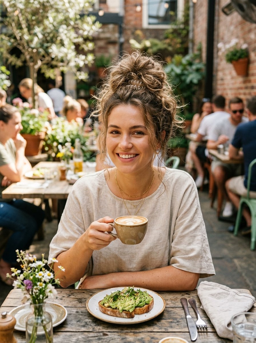 Young woman with messy bun smiling while holding coffee cup next to plate of avocado toast at a wooden bistro table.