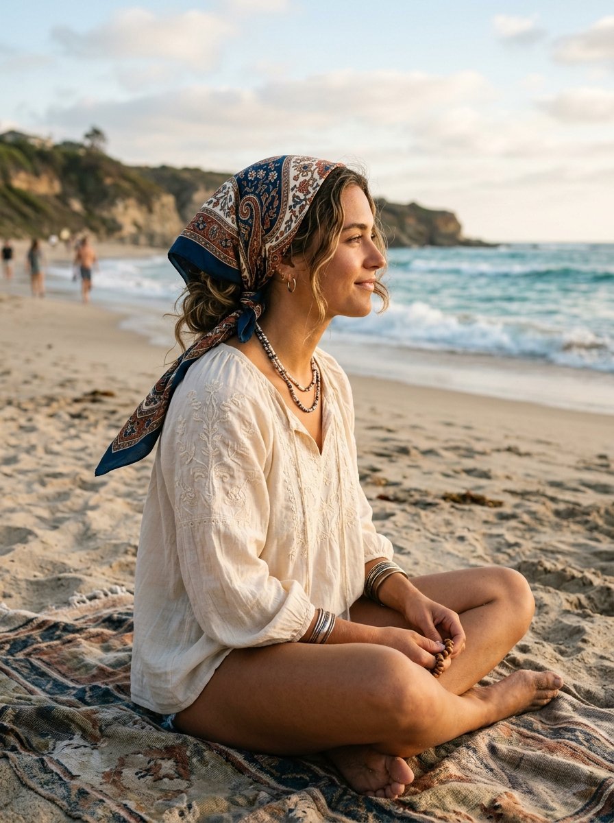 Young woman in a cream bohemian blouse and patterned headscarf resting on a blanket by the ocean at sunset.