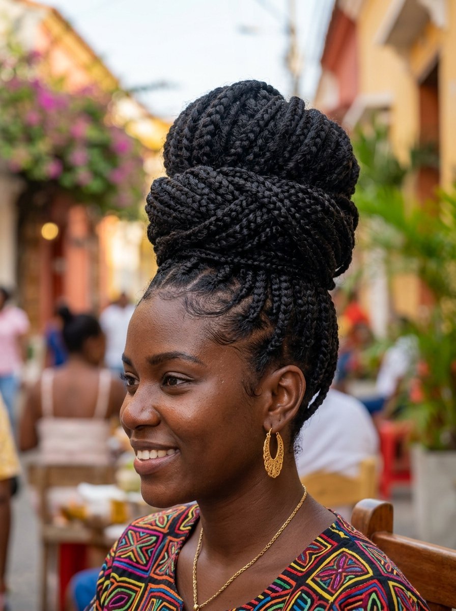 Close up of a woman with a large, intricate black box braid bun and gold hoop earrings sitting outdoors.