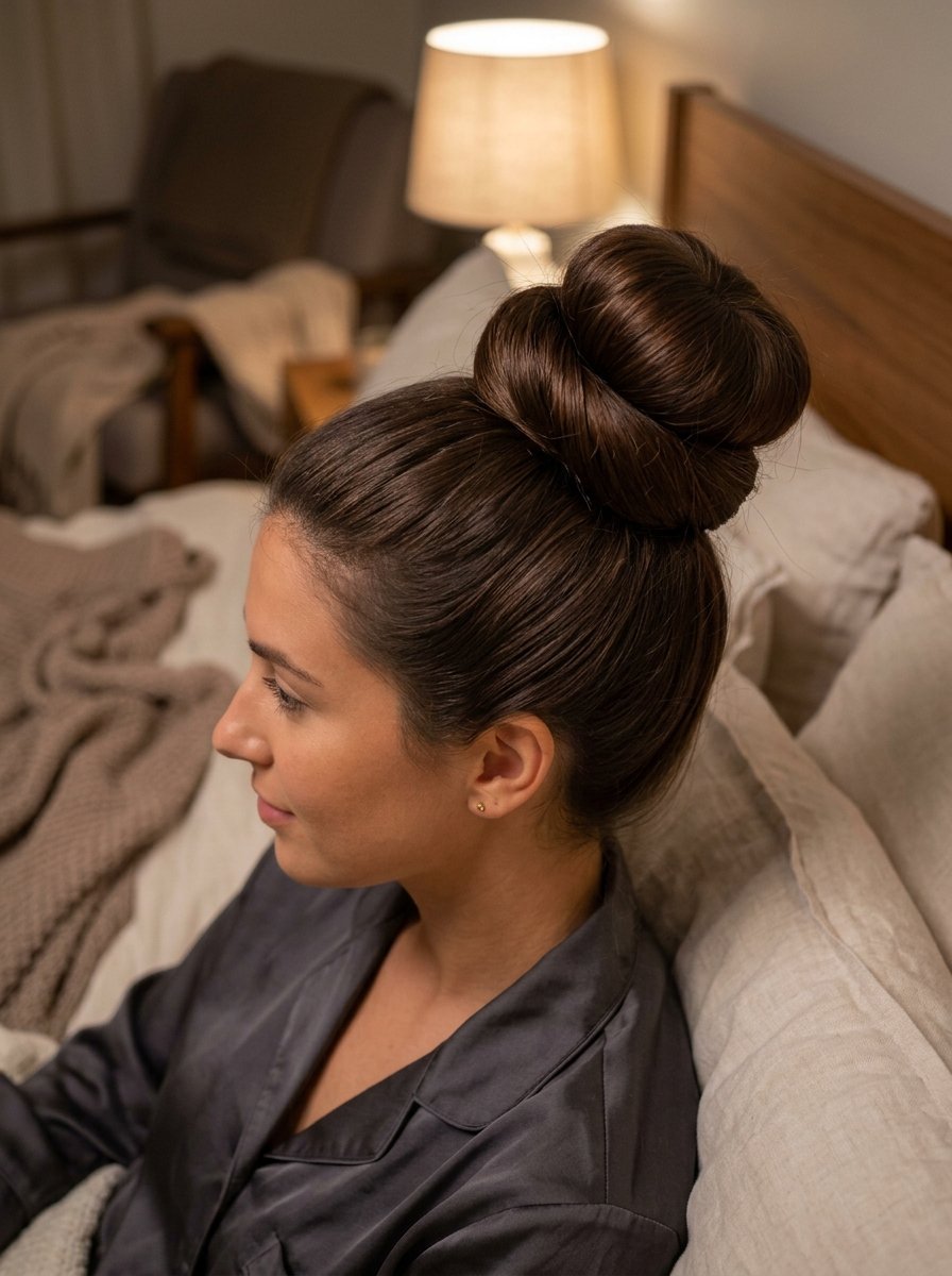 Profile view of a woman wearing grey silk pajamas sitting on a bed with her long hair in a high bun.
