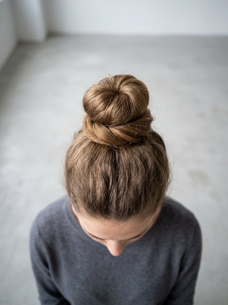 High angle shot of a person wearing a brown hair bun styled neatly on top of their head.