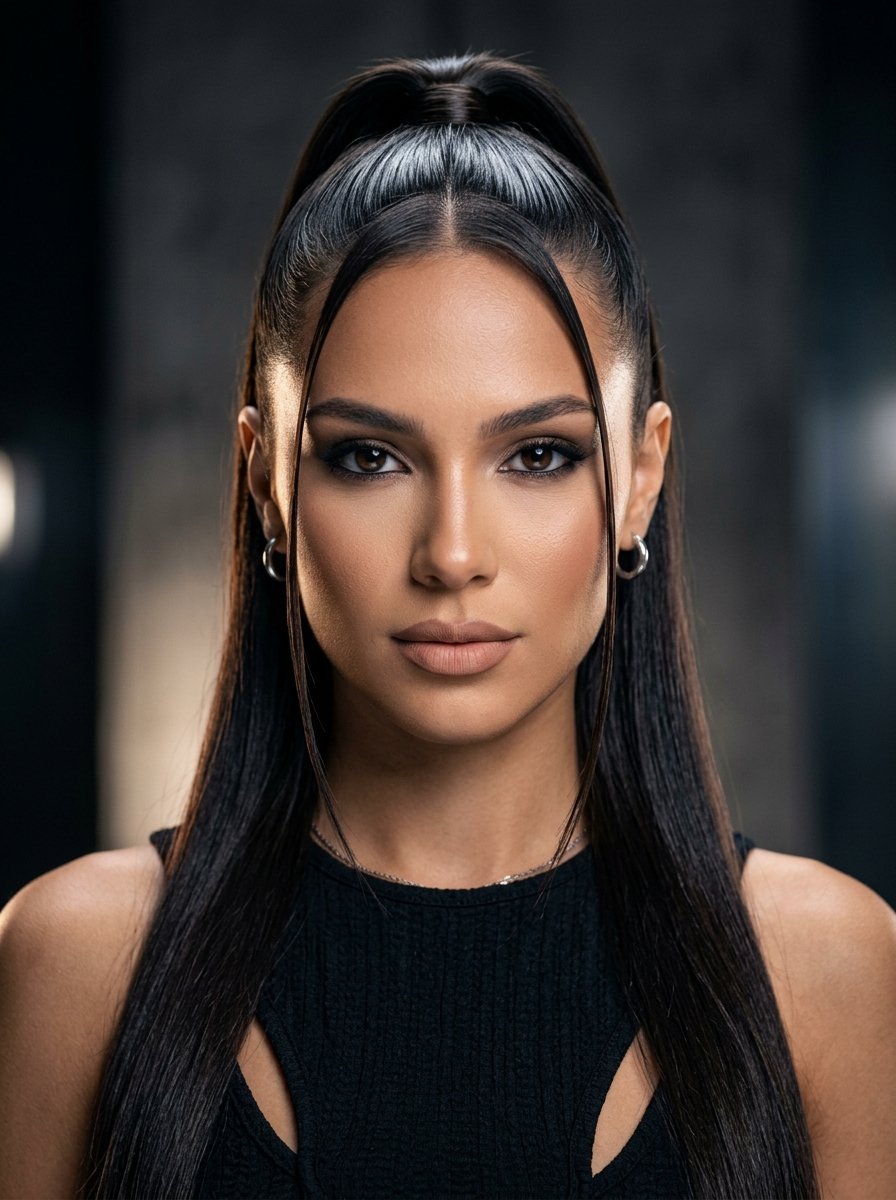 Close up headshot of a woman with long dark hair tied in a high ponytail and face-framing strands.