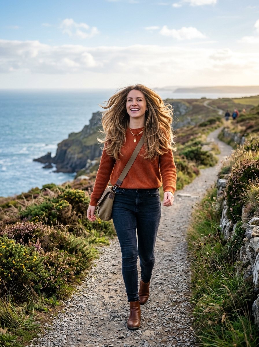 Smiling woman in a rust-colored sweater and jeans walking on a gravel path by the ocean.