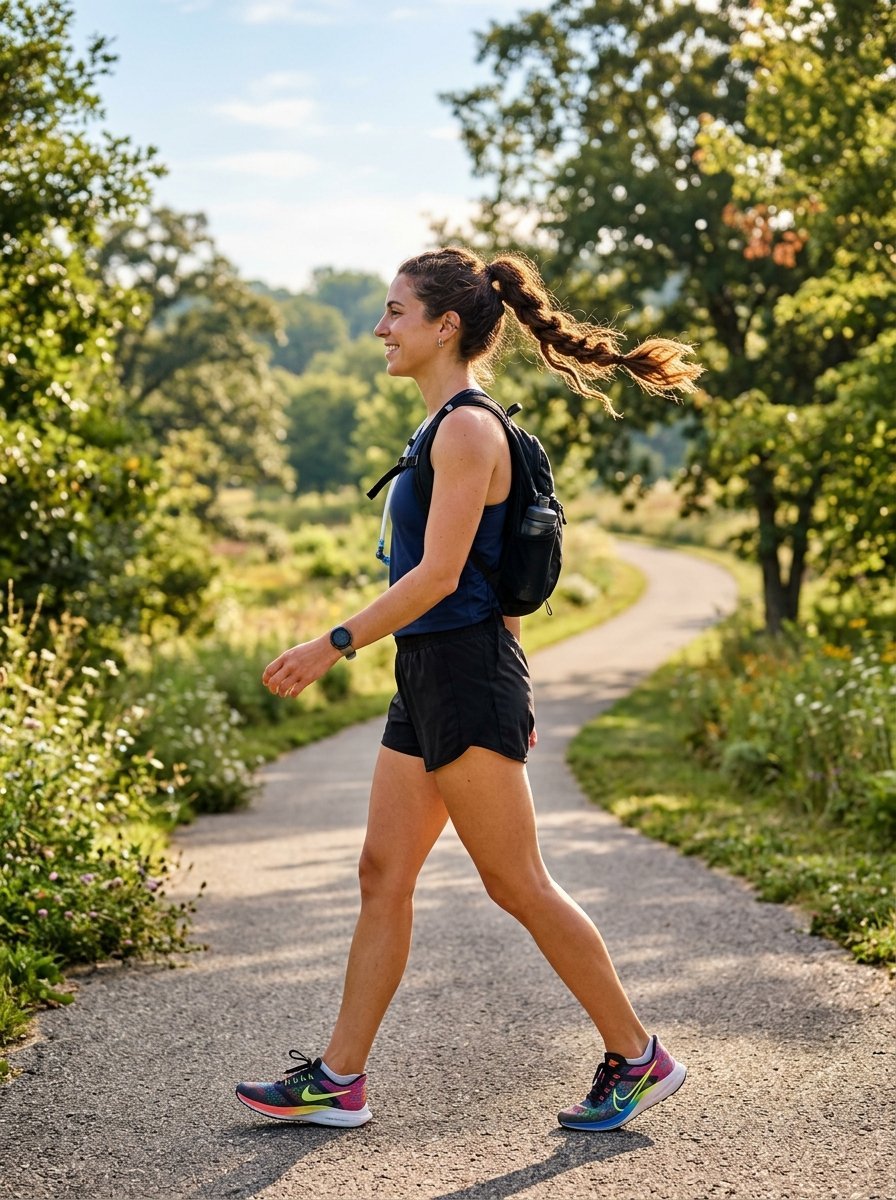 A woman with a braided ponytail walking on a paved path wearing athletic gear and a hydration pack.
