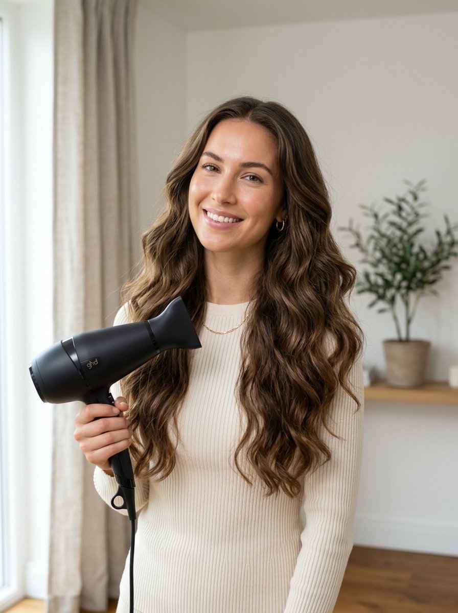 Young brunette woman in a cream sweater posing with a matte black hair styling tool in a bright living space.
