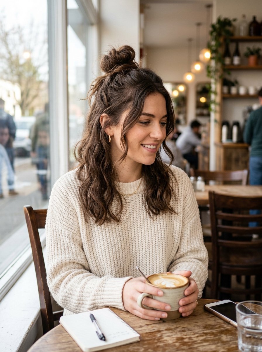 Woman with a half-up bun wearing a white sweater sitting at a cafe table with a latte and notebook.