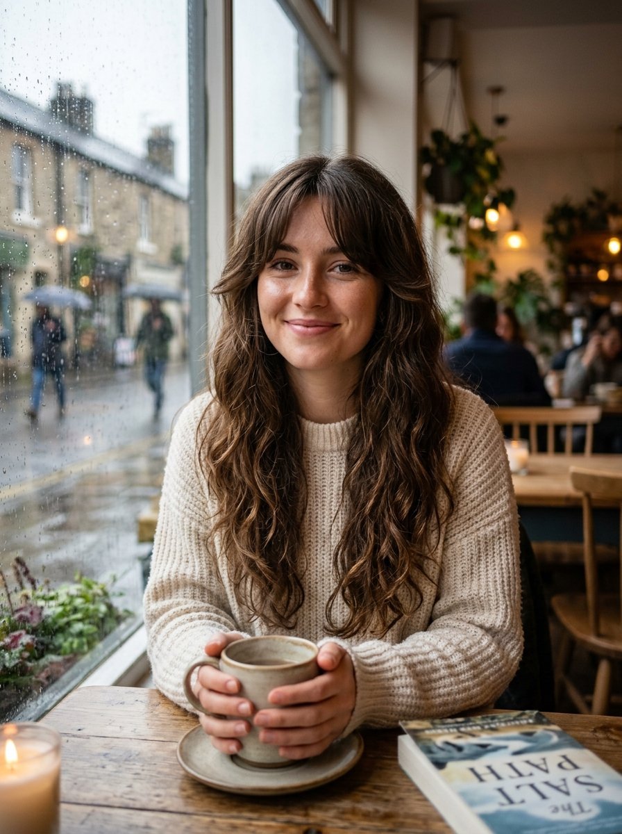 Woman with long wavy hair holding a mug at a cafe table beside a window on a rainy day.