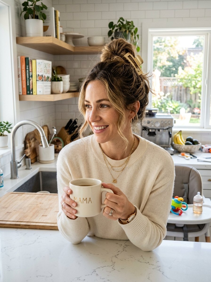 Woman with hair in a claw clip holding a white mug in a bright, modern home kitchen.