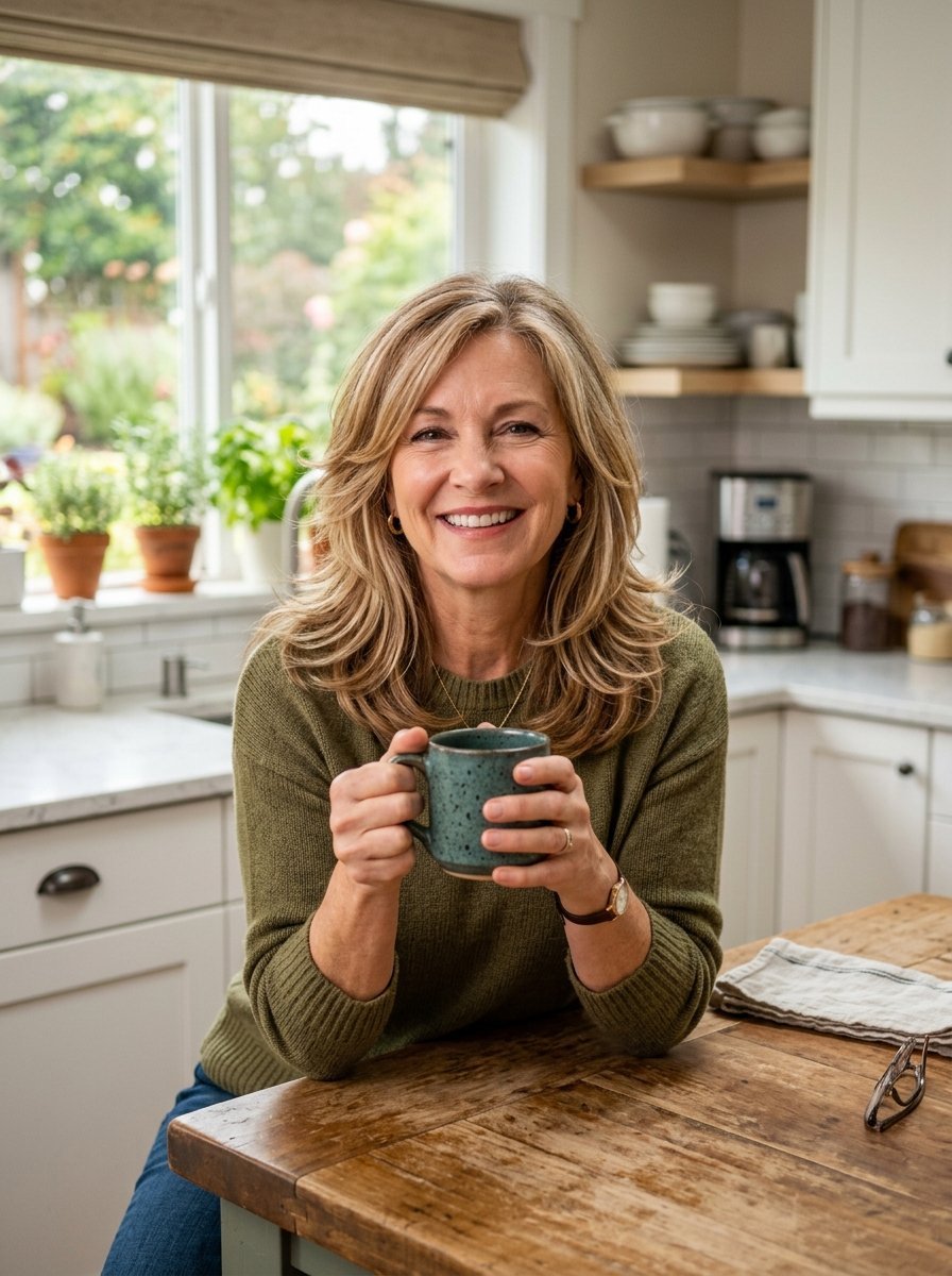 A blonde woman in an olive green sweater sits at a rustic wooden table holding a textured teal coffee cup.