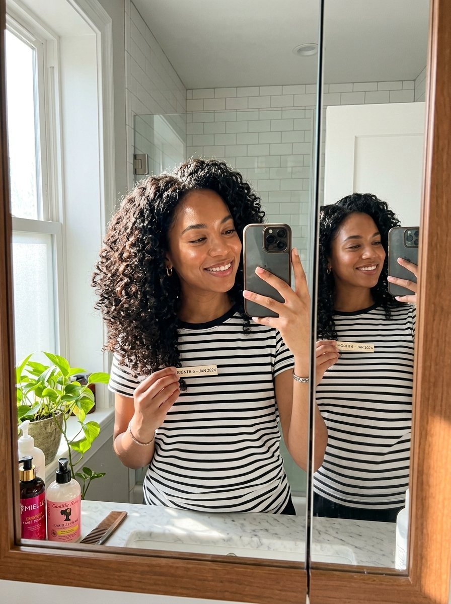 A woman with curly hair holding a card that reads Month 6 Jan 2024 while smiling in a bathroom mirror reflection.