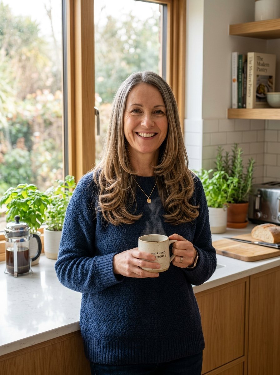Middle-aged woman holding a steaming ceramic mug while standing by a bright kitchen window.