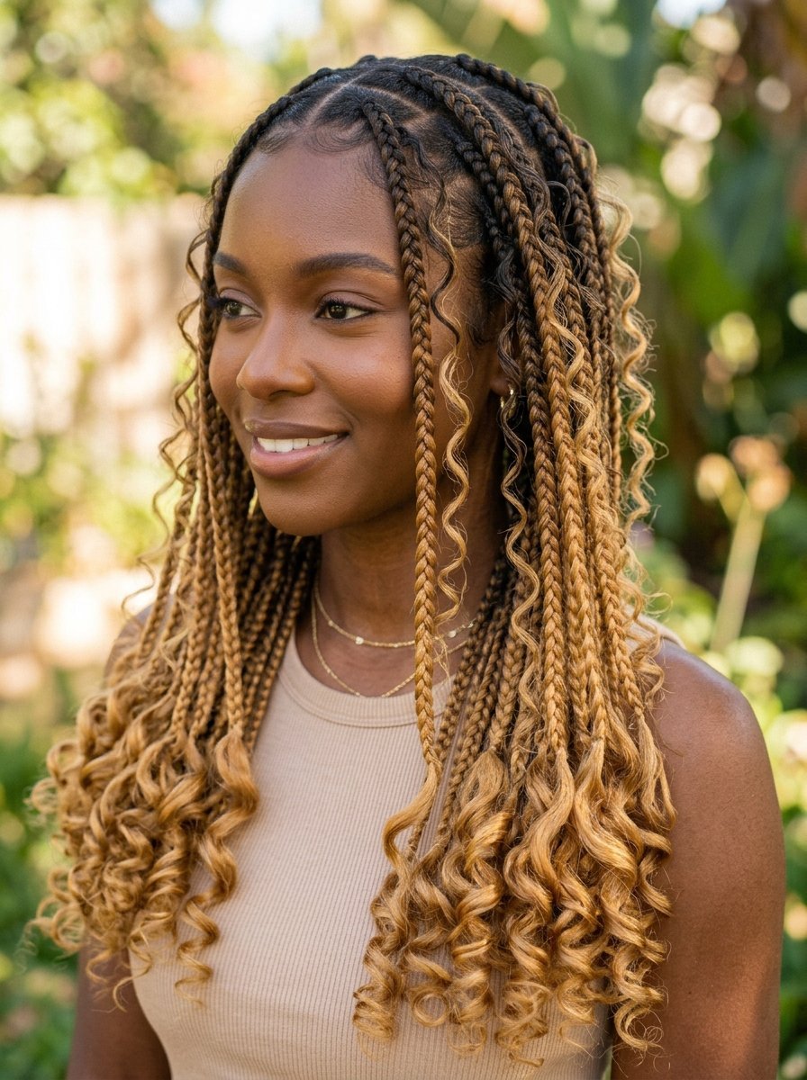 Close-up of a woman with long box braids featuring curly ends and golden blonde highlights.