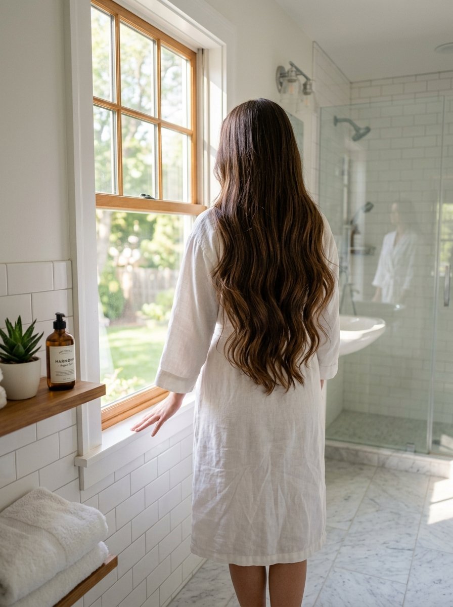 Back view of a woman wearing a white robe looking out a bright bathroom window next to a tiled shower.