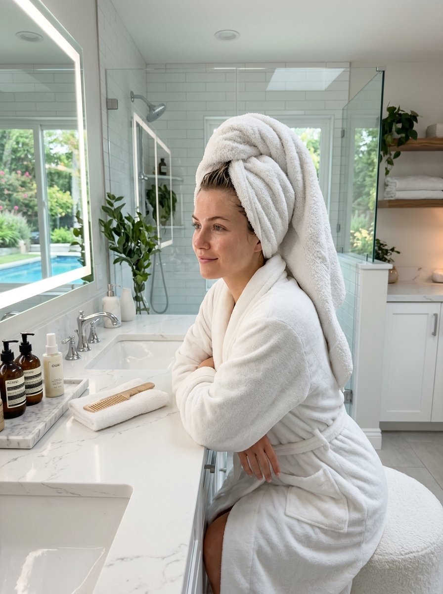 Portrait of a woman with a towel on her head and a fluffy white robe sitting in a modern bathroom.