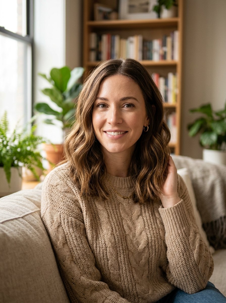 Portrait of a woman wearing a beige knit sweater sitting on a couch with house plants and a bookshelf in the background.