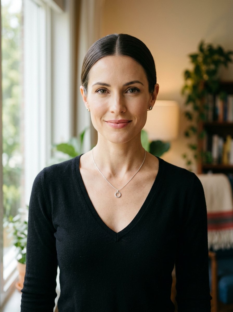 Portrait of a brunette woman in a black shirt and simple silver circular pendant necklace.