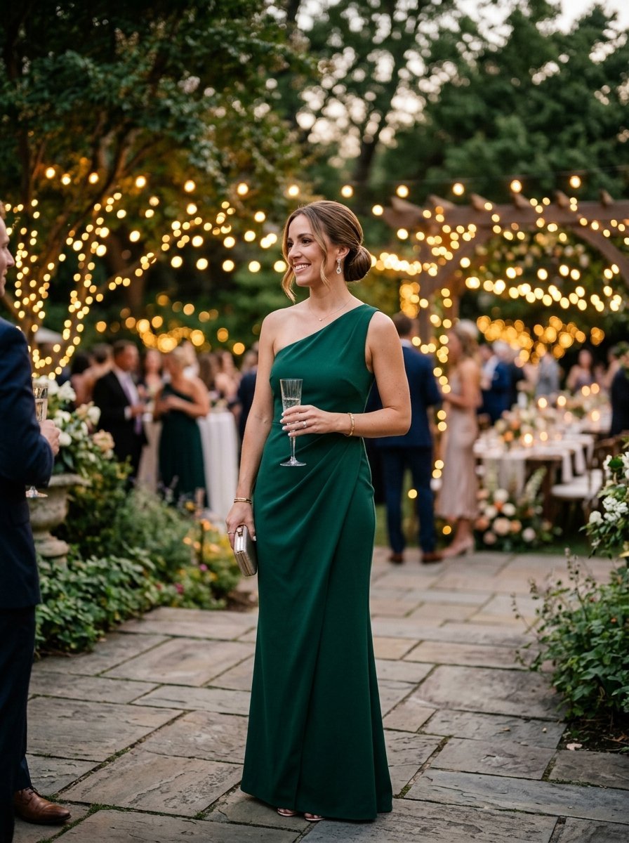 A smiling woman holding a champagne flute at a garden party decorated with string lights.