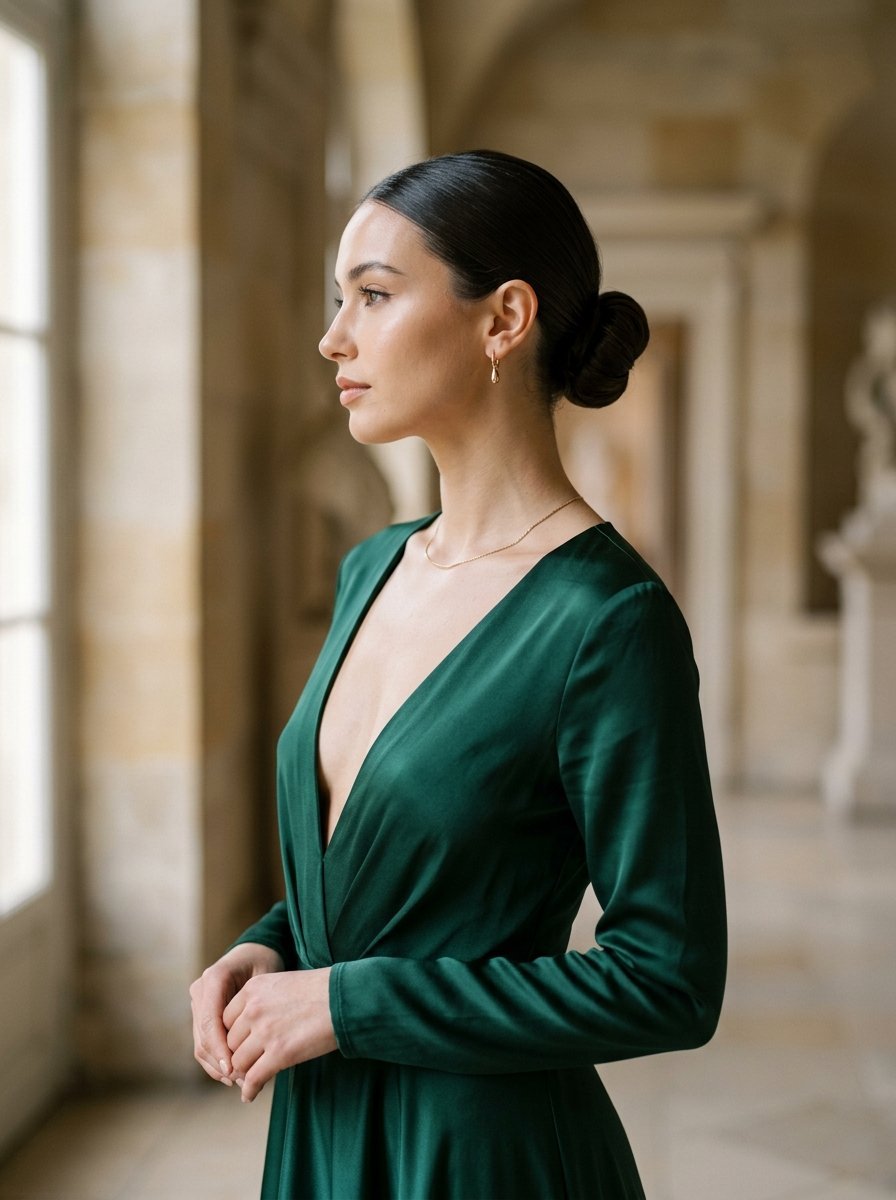 Side profile of a woman with hair in a bun wearing a long-sleeved emerald green gown in a stone hallway.