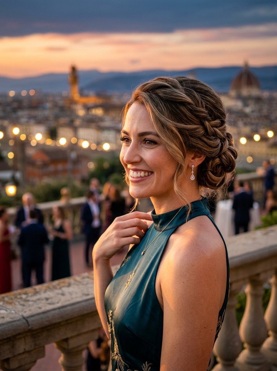 Portrait of a woman with braided hair and a green silk dress overlooking the skyline of Florence at dusk.
