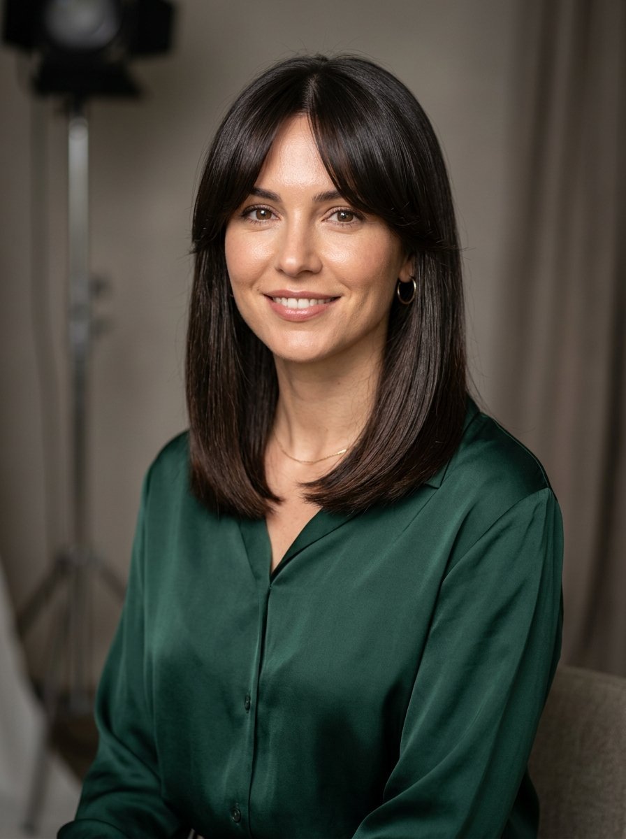 Portrait of a woman with bangs in a silky emerald top posing against a soft studio backdrop.