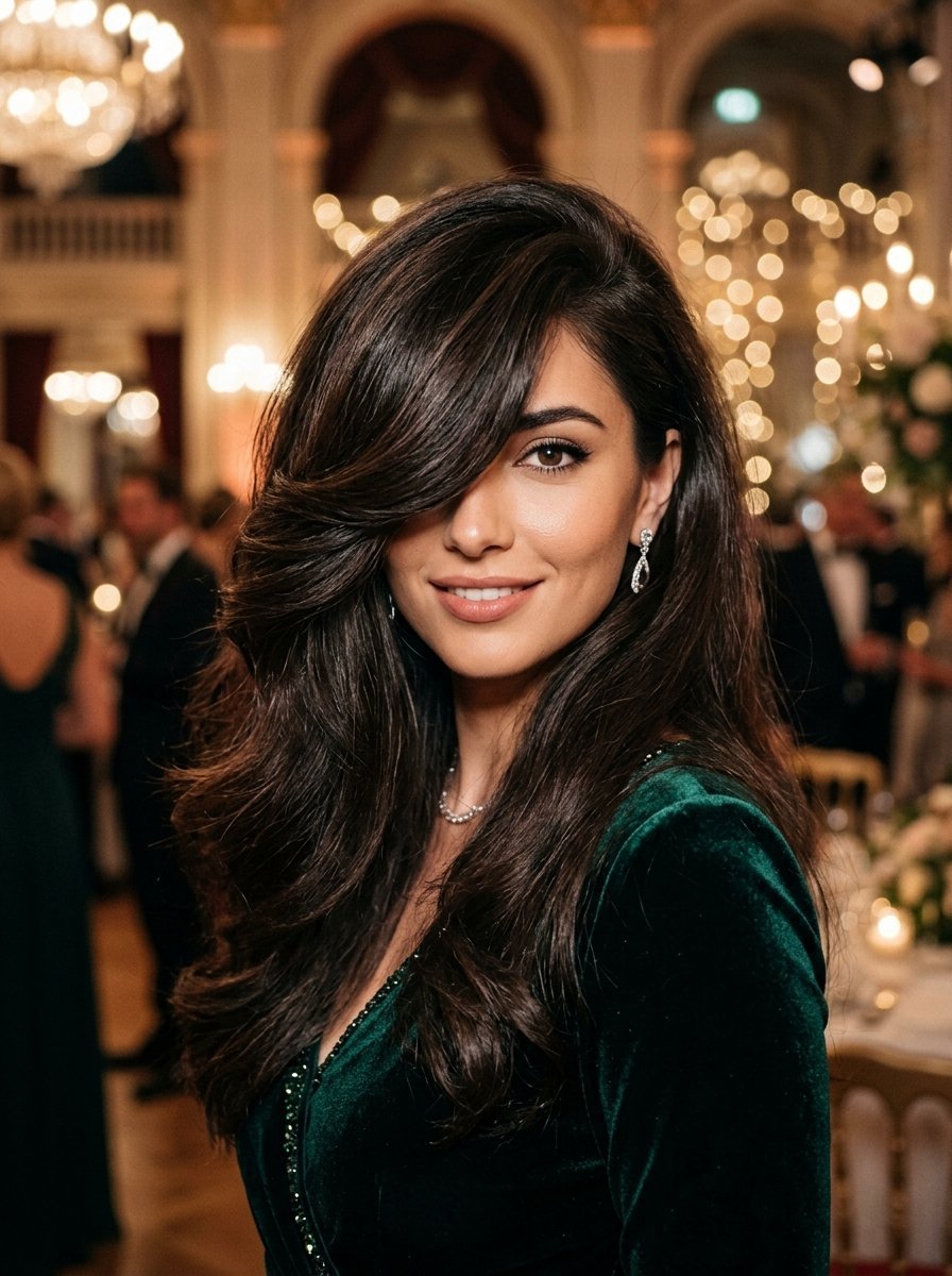 Portrait of a smiling woman with voluminous dark hair wearing an emerald velvet dress at a brightly lit banquet.