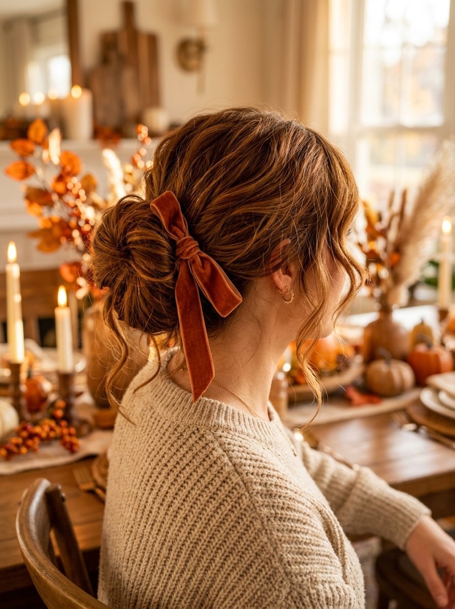 A woman wearing a tan knit sweater and a rust-colored velvet ribbon in her messy bun at a festive autumn dinner table.