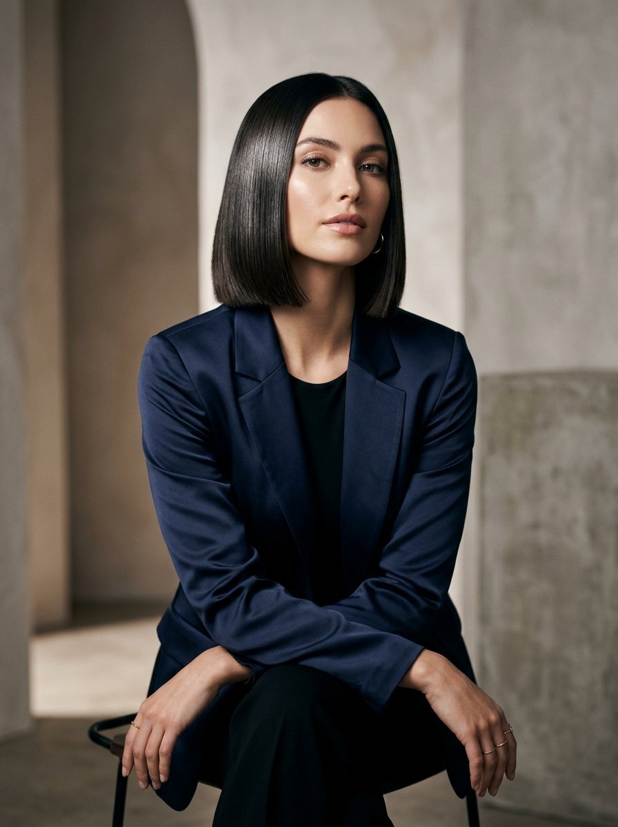 Portrait of a professional woman with dark hair in a blunt bob cut wearing a structured navy jacket.