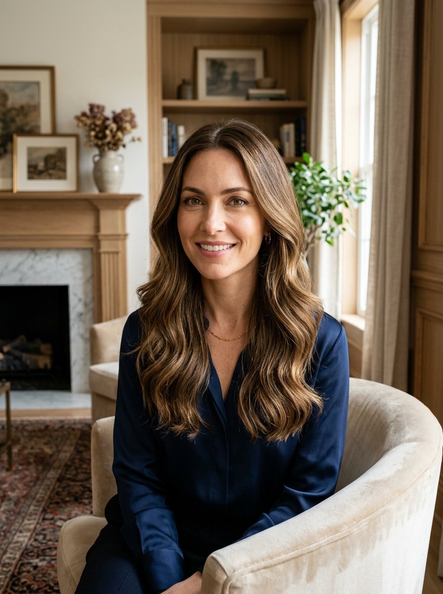 Portrait of a woman wearing a dark blue button-down shirt sitting in a beige armchair inside a cozy living room.