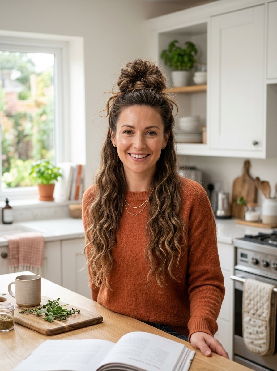 A woman with wavy hair in a messy bun wearing an orange sweater smiles in a bright modern kitchen.